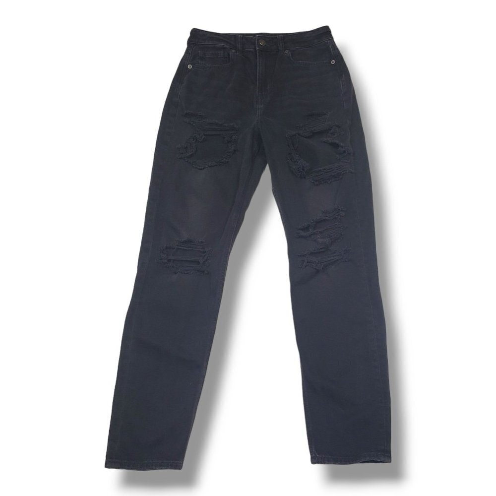 American‎ Eagle Mom Jeans Distressed Ripped Womens 2 Black